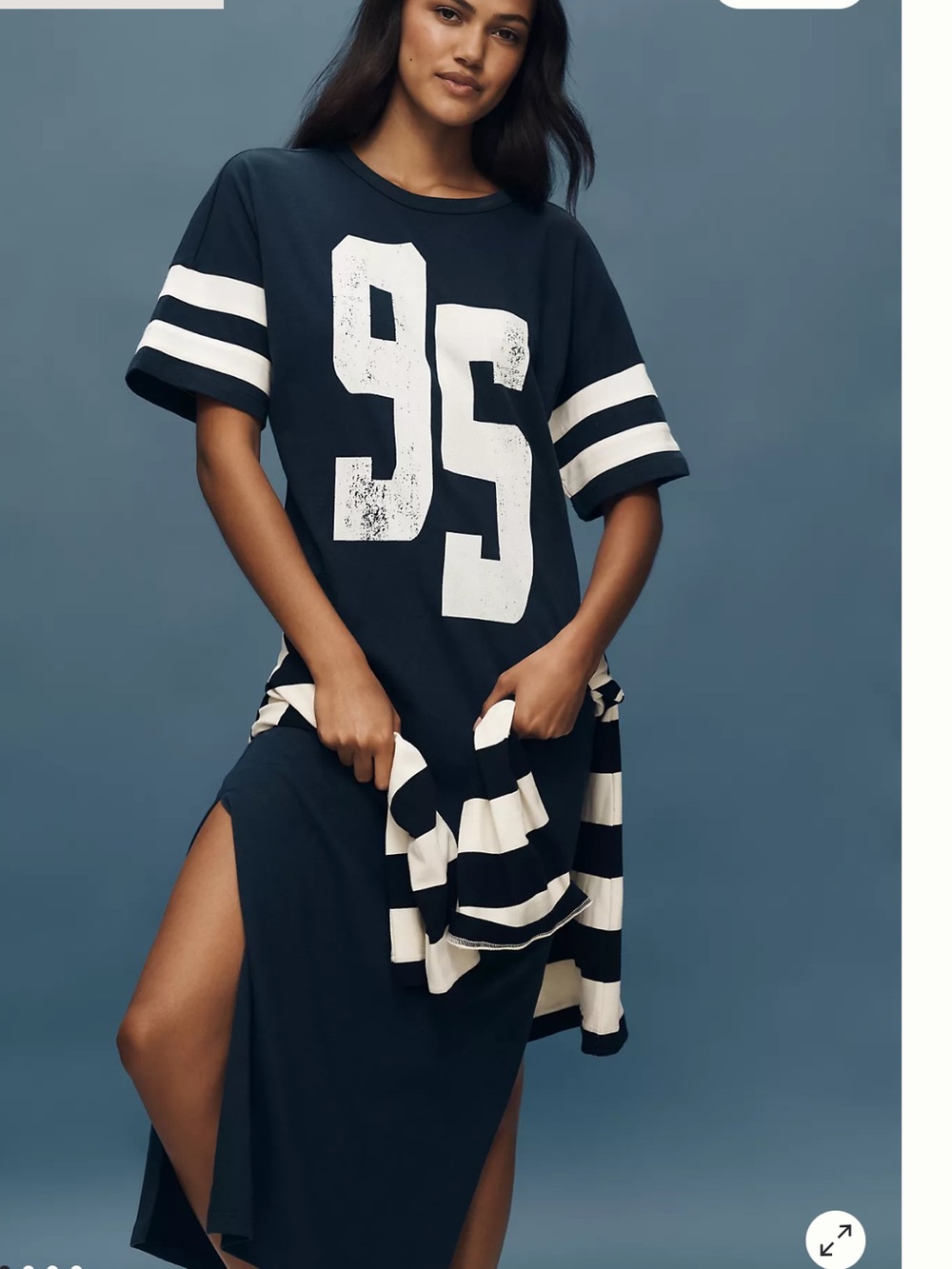 Anthropologie Daily Practice Navy '95' Graphic Maxi Dress White Stripe Details